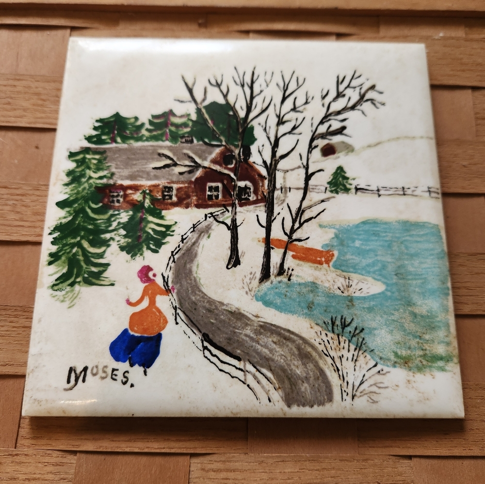 Vtg Grandma Moses Folk Art Tile Farmhouse School in Winter Wall Art Trivet  1952